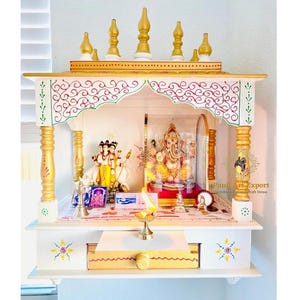 Wooden Temple Mandir Handcrafted Mandir Pooja Ghar Open White Gold Embossed With 9 Pooja Items For Worship Home Decor Wall Art