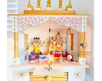 Handcrafted Wooden Temple Mandir: White & Gold Embossed Pooja Ghar