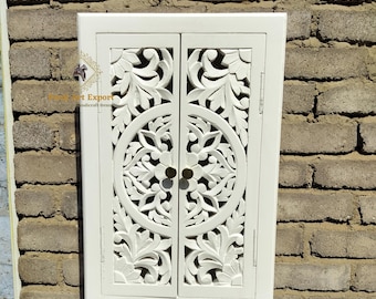Hand-Carved Whitewash Wooden Wall Cabinet: Bathroom Storage