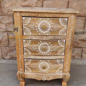 Indian Wooden Bedside Table, Storage Table, Wood Drawer Furniture, Sideboard Handmade Hand Painted Indian Handcrafted Art