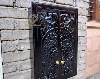 Hand-Carved Wooden Wall Hanging Cabinet: Black Bathroom Storage