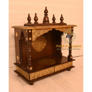 Wooden Temple, Pooja Mandir, Brown Brass Fitted, Handcrafted, Wall Hanging, Mandir Pooja Room Ghar Mandap For Worship Home Decor Art