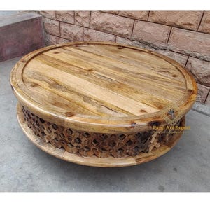 Wooden Coffee Table Curved Table in Raw Mango Lattice Round Coffee Table Home Decor Room Decor Beautiful Decor Indian Handicraft Art Decor