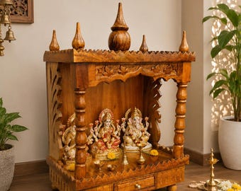 Templo de madera, Pooja Ghar Mandap Mandir tallado con acabado natural para el culto en el hogar, decoración del hogar