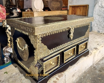 Handcrafted Wooden Storage Trunk box – Vintage Royal Chest Box with Brass Inlay Christmas Decor