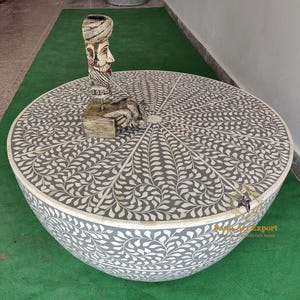Bone Inlay Round Coffee Table: Wooden Side Table, Art Decor