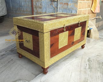 Handcrafted Wooden Storage Trunk – Vintage Indian Blanket Chest with Brass Inlay christmas