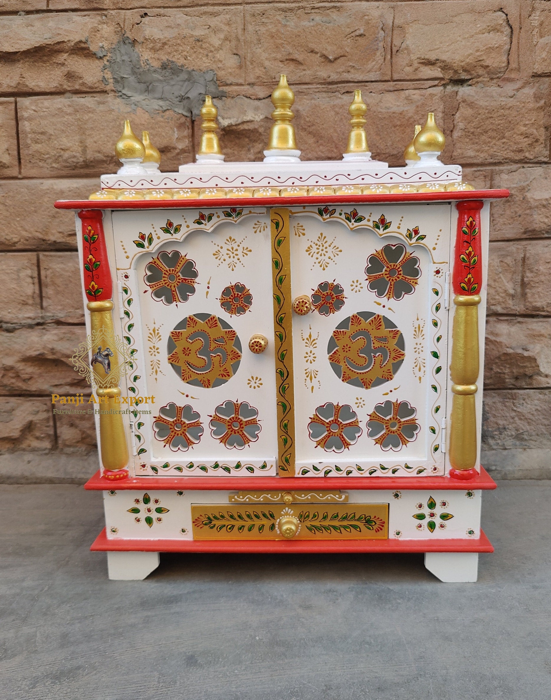Handcrafted Wooden Temple Mandir: Multicolour Om Design Pooja Ghar
