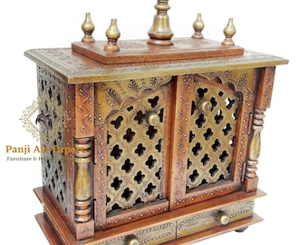 Templo/Mandir de madera hecho a mano: Pooja Ghar de cobre y oro con cajones