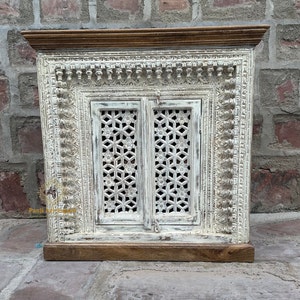 Wooden Indian Handmade Carved Side Board Storage Drawer Desk, White Distressed Cabinet,Beautiful Furniture Oriental Handcrafted Art Decor