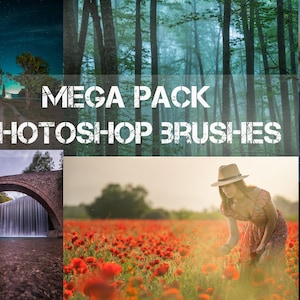 May include: A collage of images showcasing a variety of Photoshop brushes. The images include a forest, a bridge, a field of red flowers, a woman in a hat, a pier, and a night sky with stars. The text "MEGA PACK PHOTOSHOP BRUSHES" is displayed in the center of the collage. The text "CLOUD BRUSHES FOG BRUSHES LIGHT RAY BRUSHES" is displayed at the bottom of the collage.