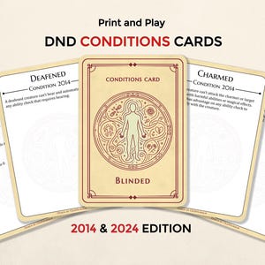 May include: Print and Play DND Conditions Cards. The cards feature various conditions like Exhaustion, Deafened, Charmed, and Blinded. The central card displays a figure within a circular design, with the text "Blinded".