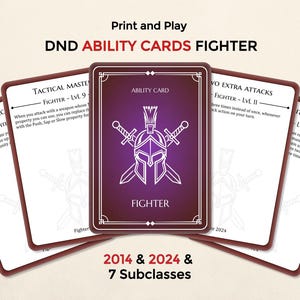 May include: Print and Play DND Ability Cards for Fighter class. The cards have a burgundy border and feature a central card with a helmet and crossed swords. Text includes "Tactical Master", "No Extra Attacks", and "Fighter".