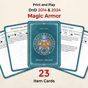 May include: A set of 23 item cards for Dungeons & Dragons, featuring "Magic Armor." The cards have a teal background with white text and illustrations. The text includes "Armor of Resistance" and "Elven Chain."