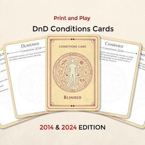 May include: A set of DnD Conditions Cards with a cream background and a red border. The cards feature conditions like Exhaustion, Deafened, Charmed, and Blinded. The text "Print and Play" and "2014 & 2024 EDITION" are also visible.