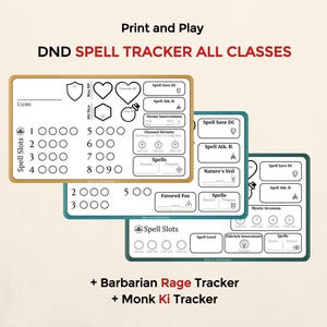 May include: Three DND Spell Tracker cards with a beige background. The cards have a white background with black text and icons. The text reads "DND SPELL TRACKER ALL CLASSES". The cards include spell slots, spell save DC, and other game-related information.