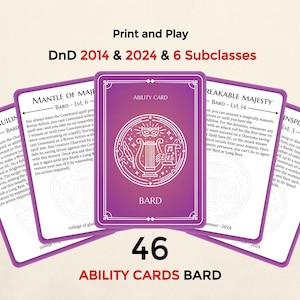 Może przedstawiać: Zestaw 46 kart umiejętności Barda do Dungeons and Dragons, z fioletowo-białym wzorem. Karty są oznaczone tekstem takim jak "Ability Card" i "Bard" i zawierają tekst związany z grą. Karty są przeznaczone dla DnD 2014 & 2024 & 6 Podklas.