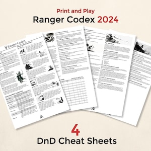 Puede incluir: Cuatro hojas de papel blancas tituladas Print and Play Ranger Codex 2024 y 4 DnD Cheat Sheets. Los documentos presentan texto negro, tablas e ilustraciones pequeñas de exploradores en acción, detallando rasgos principales y estilos de combate.