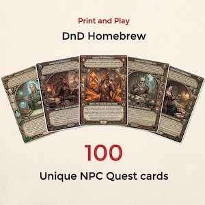 100 DnD-uppdrags- och karaktärskort utskrivbara - NPC Adventure Hooks Rewards Deck - TTRPG Dungeon Master Tools - Digital nedladdning A4-brev
