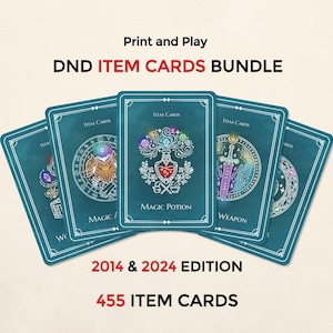 May include: A bundle of DND item cards, featuring a teal background with white borders. The cards display various fantasy-themed illustrations, including a magic potion and a sword. Text on the cards reads "Item Cards", "Magic Potion", and "Weapon". The bundle is labeled "2014 & 2024 Edition" with "455 Item Cards".