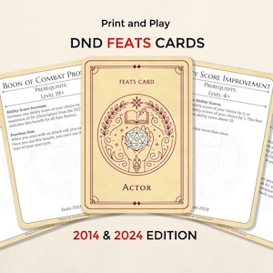May include: Print and Play DND Feats Cards. The image shows a stack of cards with a beige background and brown text. The central card features a detailed illustration of a die, hands, and a book. The text reads "Actor" and "2014 & 2024 Edition".