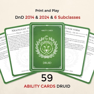Może przedstawiać: Zestaw 59 kart umiejętności Druida do Dungeons and Dragons, w zielono-białym wzornictwie. Karty wyświetlają tekst i ilustracje, w tym emblemat niedźwiedzia. Zestaw jest przeznaczony dla DnD 2014 i 2024 z 6 podklasami.