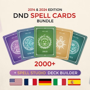May include: A 2014 & 2024 edition DND Spell Cards bundle featuring 2000+ cards and a Spell Studio deck builder. The set includes colorful cards for Wizard, Sorcerer, Druid, Cleric, and Warlock classes with white line art icons.