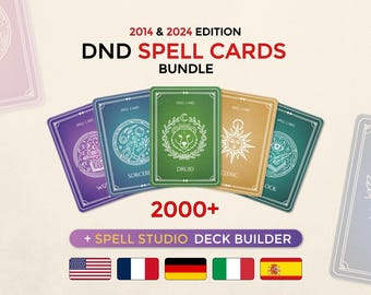 Pacchetto completo di carte incantesimo per D&D + Spell Studio | Oltre 2000 carte incantesimo stampabili in PDF in 5 lingue | Edizione 2014-2024