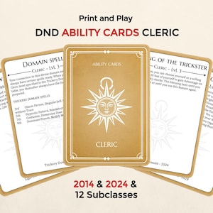 Op de afbeelding: Print en Play DND Ability Cards voor Cleric. De kaarten hebben een bruinachtige achtergrond met een zonnesterontwerp en tekst. De tekst bevat "Cleric", "Domain Spell" en "Improved W". De afbeelding bevat ook "2014 & 2024 & 12 Subclasses".