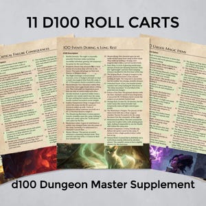 May include: Eleven D100 Roll Carts, a Dungeon Master supplement, are displayed. Each cart features printed text with various game descriptions. The carts have colorful illustrations at the bottom. The text "d100 Dungeon Master Supplement" is at the bottom.