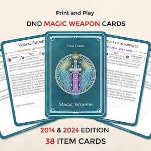 May include: A collection of DND Magic Weapon Cards, featuring a central card with a sword design and the text "Magic Weapon." The cards are teal and white, with text including "Vorpal Sword" and "Word of Sharpness." The set includes 38 item cards.
