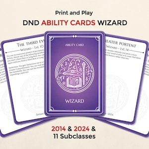 May include: A set of DND Ability Cards for the Wizard class, featuring a purple card with a wizard hat and staff illustration. The cards include text such as "The Third Eye" and "Greater Portent". The text "Print and Play" and "2014 & 2024 & 11 Subclasses" are also visible.