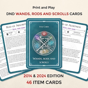 May include: A set of DND item cards featuring wands, rods, and scrolls. The cards have a teal background with white text and illustrations. The set includes 46 item cards, 2014 & 2024 edition.