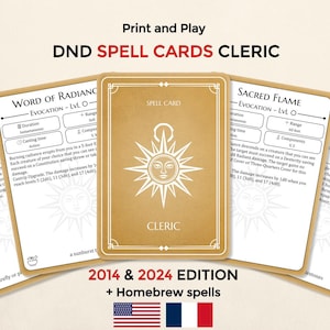 Könnte beinhalten: Ein Set von DND-Zauberkarten für die Kleriker-Klasse mit dem Text Print and Play DND SPELL CARDS CLERIC 2014 & 2024 EDITION + Homebrew spells. Die Karten sind hellbraun mit weißem Text und Sonnen-Symbolen und zeigen Zauberdetails.