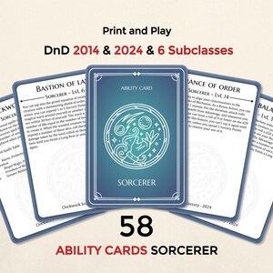 Może przedstawiać: Zestaw 58 kart umiejętności Sorcerer dla Dungeons & Dragons, z centralną kartą w kolorze niebieskim i białym. Karty są oznaczone tekstem takim jak "Bastion Prawa" i "Równowaga". Zestaw przeznaczony jest do edycji z 2014 i 2024 roku.