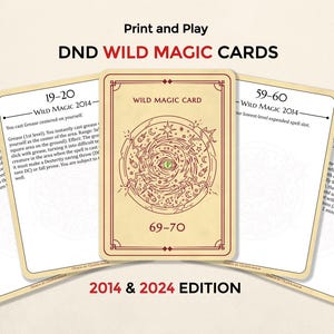 Puede incluir: Juego de cartas DND Wild Magic para imprimir. Las cartas tienen un fondo beige con texto e ilustraciones marrones. La carta central presenta un diseño de ojo. El texto incluye "Wild Magic Card" y "2014 & 2024 Edition".
