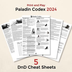 May include: A set of five white paper sheets titled Print and Play Paladin Codex 2024 and 5 DnD Cheat Sheets. The documents feature black text, tables, and small illustrations of armoured figures in combat poses, organised in a fan layout.