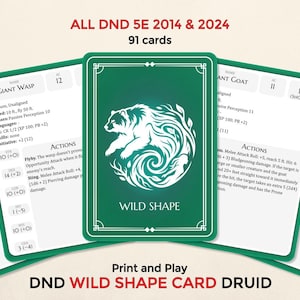 Peut inclure: Un ensemble de cartes Donjons et Dragons avec un design vert et blanc. La carte centrale présente une illustration d'ours blanc avec les mots "WILD SHAPE". Le texte "ALL DND 5E 2014 & 2024" et "91 cartes" sont en haut.