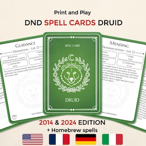 May include: A set of green and white DND Spell Cards for the Druid class, featuring the text Print and Play, DND SPELL CARDS DRUID, 2014 & 2024 EDITION + Homebrew spells. The cards display spell names, levels, and descriptions.