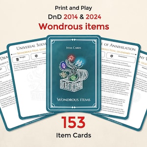 May include: A collection of 153 item cards for Dungeons and Dragons, featuring a teal and white design. The cards include illustrations of a treasure chest and various magical items, with text that reads "Wondrous Items."