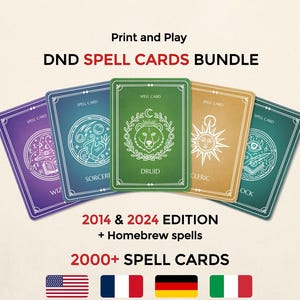 Puede incluir: Un paquete de cartas de hechizos DND con más de 2000 cartas para las ediciones 2014 y 2024, además de hechizos caseros. Cinco cartas rectangulares se muestran en abanico, de colores morado, azul, verde, dorado y verde azulado.