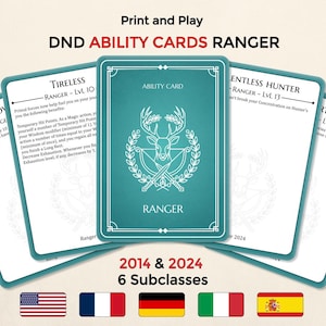 May include: A set of DND Ability Cards for a Ranger, featuring a teal card with a white deer and bow emblem. The cards display text including Tireless, Relentless Hunter, and Ranger Lvl 10, 13, and 9. The set includes 6 subclasses for 2014 and 2024.