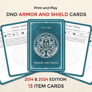 Op de afbeelding: Een verzameling DND Armor and Shield kaarten. De kaarten zijn teal met witte tekst en illustraties. De centrale kaart heeft een schildontwerp. De tekst op de kaarten bevat "Chain Shirt", "Scale Mail" en "Studded Leather". De set is de 2014 & 2024 editie met 13 itemkaarten.