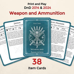 May include: A collection of 38 item cards for Dungeons & Dragons, featuring weapon and ammunition details. The cards have a teal border and white text, with illustrations of swords and other weapons. The text "Weapon and Ammunition" is displayed prominently.