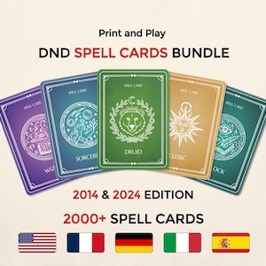 May include: A DND Spell Cards bundle featuring five rectangular cards in purple, blue, green, gold, and teal. Each card displays white line art icons and text. The text reads Print and Play DND SPELL CARDS BUNDLE 2014 & 2024 EDITION 2000+ SPELL CARDS.