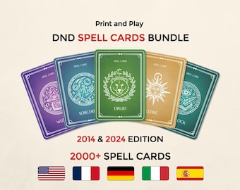 Puede incluir: Un paquete de cartas de hechizos DND con cinco tarjetas rectangulares en morado, azul, verde, dorado y verde azulado. Cada tarjeta muestra iconos y texto en líneas blancas. El texto dice Print and Play DND SPELL CARDS BUNDLE 2014 & 2024 EDITION 2000+ SPELL CARDS.