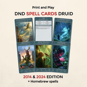Op de afbeelding: Een set DND Spell Cards voor Druïden, met fantasie-illustraties. De kaarten tonen spreuken zoals Gravitational Tether, Aid en Fly Manifestation. De tekst op de kaarten luidt "Print and Play" en "2014 & 2024 Edition + Homebrew spells."
