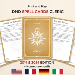 May include: A set of tan DND spell cards for a cleric, featuring white text and sunburst icons. The cards display spell names like Light, Word of Radiance, Sacred Flame, and Mending, along with game mechanics. The central card is labeled Spell Card and Cleric.