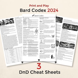 Puede incluir: Tres hojas de trucos de D&D blancas con el texto "Print and Play Bard Codex 2024" y "3 DnD Cheat Sheets". Las hojas contienen texto, ilustraciones y tablas. El fondo es de color beige claro.
