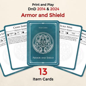 May include: A collection of 13 item cards for Dungeons & Dragons, featuring armor and shield designs. The cards have a teal background with white text and illustrations. The text on the cards includes "Armor and Shield", "Chain Shirt", and "Scale Mail".